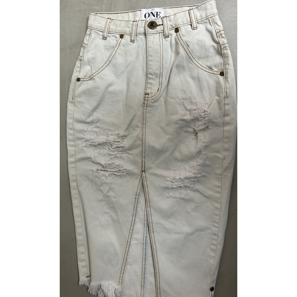 One Teaspoon Cadillac White Denim Distressed Midi Skirt Size Small Free People
